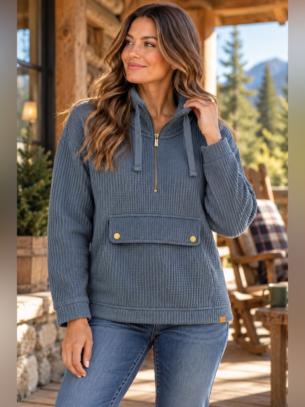 L.L.Bean Women’s Slate Blue Waffle Thermal Quarter Zip Pullover Small